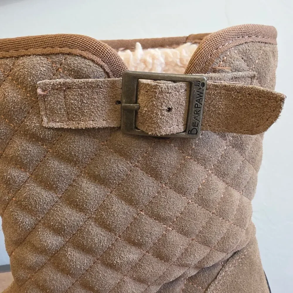 Bearpaw Quilted Suede Mid Calf Boots Women's 10 Brown Sheepskin Wool Lined